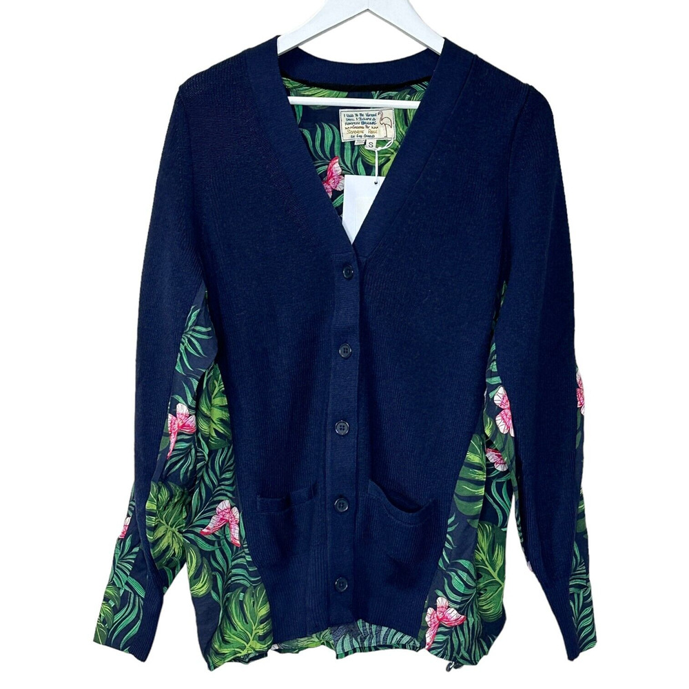 Sandrine Rose Butterfly Fern Mixed Media Wool Cardigan Sweater Women Medium NWT